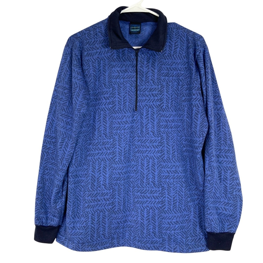 Vintage Patagonia Capilene Blue Herringbone Quarter Zip Fleece Sweatshirt Size L